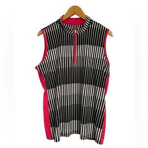 TAIL Sleeveless Striped Zip Mock Neck Golf Top in Black, White & Pink XL